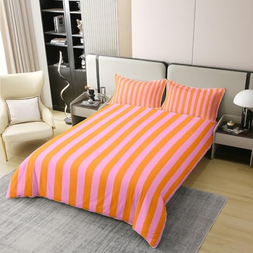 Rosa und Orange Bettwäsche 135x200 Streifen Bettwäsche Set, 3D Bettbezug Set Weich Microfaser Bettbezüge 2 Teilig Rosa und Orange Streifen Wendebettwäsche für Einzelbett, mit 1 Kissenbezug b5869