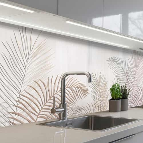 KitchenYeah© Rückwand Küche Rückwandschutz Selbstklebend Spritzschutz | 80x300 cm - Küchenrückwand Küchenfront Küchen Selbstklebende Küchenrückwände Blätter - Beige - Botanisch - Vintage