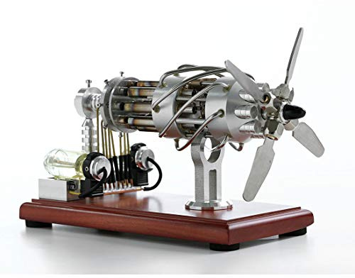Stirlingmotor Modell, 16-Zylinder Vollmetall Heißluftmotor mit Edelstahl-Heizrohren & Massivholz-Basis, Physisches Experiment & Kreatives Geschenk für Erwachsene und Jugendliche