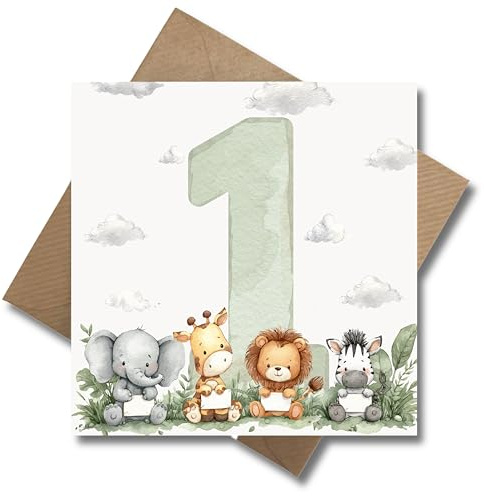 WBdesignz 1. Kindergeburtstag Karte mit Umschlag - süße Tier-Geburtstagskarte für Jungen & Mädchen mit Elefant, Giraffe, Löwe und Zebra - Waldmotiv - kindlich, liebevoll (125 x 125 mm)