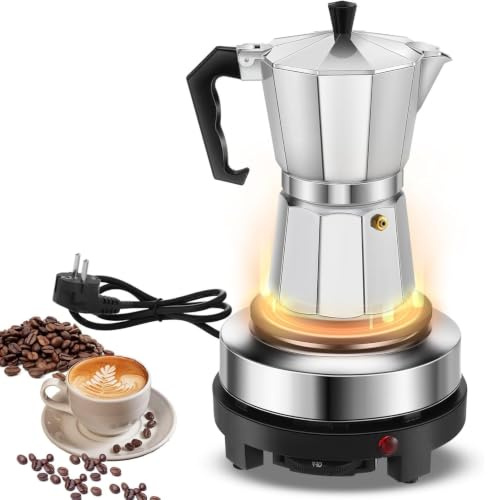 Ysislybin Cafetera Electrica Italiana, 300 ml Cafetera Italiana de Aluminio con Mini Placa Calefactora, Cafeteras Moka Pequeña 6 Tazas, Moka Pot Eléctrica Cafeteras Espresso para Camping Viajes