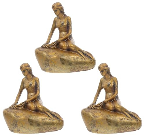Ciieeo 3 Stück Meerjungfrau Figur, Harz Miniatur Figuren für Mädchen | Goldene Künstlerische Skulptur für Mikrolandschaft, Elegante Sammler Meerjungfrau Dekofigur für Kindergeburtstag & Miniteich