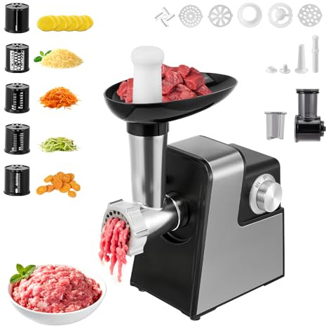 Picadora de carne eléctrica 2800W, robot de cocina con cortador de verduras y rallador de queso, mandolina con 5 accesorios, embutidor y juego para albóndigas, máquina para picar, cortar y rallar.