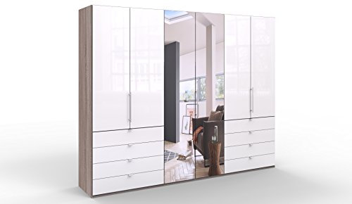 WIEMANN Loft Kleiderschrank, Schlafzimmerschrank, Gleittürenschrank, Drehtürenschrank, mit Spiegel, Schubladen, Glas weiß, Trüffeleiche, Holz, B/H/T 300 x 236 x 58 cm