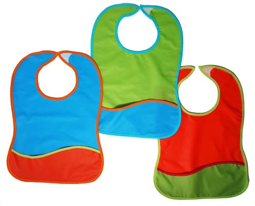 Ti TIN 3er-Pack wasserdichte Babylätzchen, 31x42 cm | atmungsaktive Lätzchen mit Klettverschluss für Kinder über 1 Jahr, wasserdicht, 100% Polyurethan, Farben: rot, blau, grün