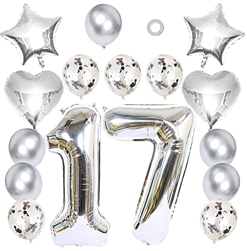 Ceqiny 16 Stück Silber Luftballon Kit 17. Geburtstag Partyballon 40 Zahl 17 Folienballon 12 Helium Konfetti Latexballons 18 Herz Sterne Mylar Ballons Dekorationen für Mädchen Kinder Tochter