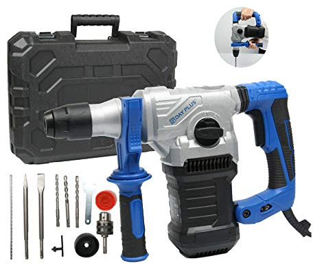 Marteau de forage professionnel 1500 W, Marteau Perforateur avec poignée rotative à 360 °, système SDS Plus, 8 pièces, jeu de clés de forage, 3 fonctions : marteau, perçage, burin, valise portative.