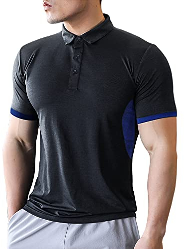 Muscle Alive Men Short Sleeve Polo Shirts-Dry Fit Performance Golf Tennis T Shirt Moisture Wicking Shirts Black Large