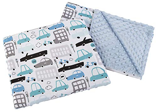 Medi Partners Babydecke Krabbeldecke mit Kissen 100% Baumwolle Minky Kinderdecke 55x75 + 35x30cm multifunktional für Kinderwagen Babyschale Wiege (Autos mit hellblauem Minky)