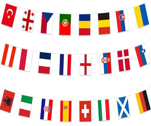 Euro Football Bunting Banner,2024 Championship Flags Bunting, 24 Nations Flags Double Sides Fabric European Bunting for Euro Football Decorations, Euro Bunting for Bar Garden Street(20x28cm-8.5m)