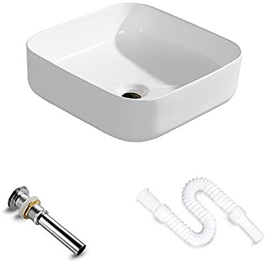 ALYHYB Lavabo Vasque, lavabo de lavabo carré à Poser pour vestiaire, lavabo de comptoir en céramique Blanche carrée 24 X 13,77 X 4,33 avec Tuyau de vidange et évacuation