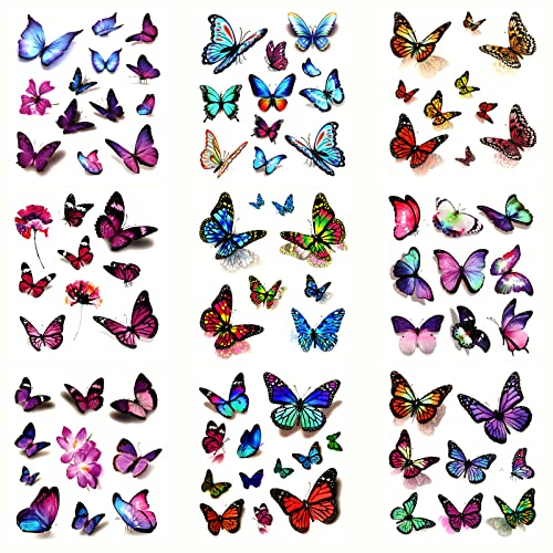 KINBOM 12 Blatt (118 Stück) Schmetterling Tattoo, 3D Bunt Schmetterling Temporäre Tattoo Aufkleber Wasserfest für Mädchen Frauen Erwachsene Tägliches Make-up Geburtstagsfeier Karneval (Mixed Styles)