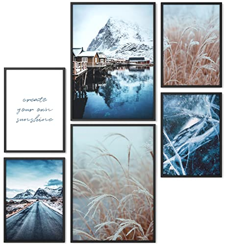 Papierschmiede® Mood Poster Set Swedish Winter, Bilder Wohnzimmer Deko Schlafzimmer, 2x DIN A3 (ca. 30x42) und 4x DIN A4 (ca. 21x30), Schweden blau beige Schnee Wasser Hütte - Wandposter ohne Rahmen