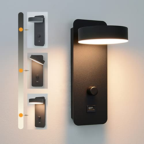 JZCDR LED Wandlampe Schwarz Mit Schalter Helligkeit Dimmbare Leselampe Bett Wand Schwenkbar Wandleuchte Innen Mit USB-Anschluss Moderne Wandbeleuchtung Schlafzimmer Kinderzimmer Wohnzimmer Lampe