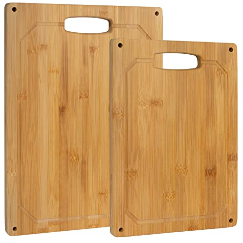 Set di 2 taglieri in bambù in legno, 2 misure, 23 x 33 cm + 30 x 40 cm, con tappo in silicone, scanalatura e manico