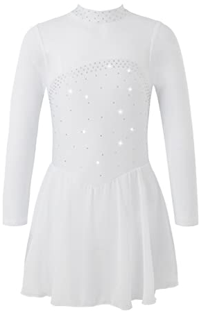 iEFiEL Mädchen Ballettkleid Glitzer Eiskunstlauf Kleid Kinder Swing Schaukel Tanzkleid Ballettanzug Langarm Body Trikot Turnanzug Wx_ Weiß 146-152