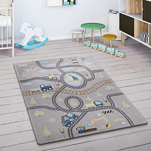 Paco Home Spielmatte Teppich Kinderzimmer Kinderteppich Junge Mädchen Straßenteppich Spielteppich rutschfest Auto Grau Grün Blau, Grösse:150 cm Rund