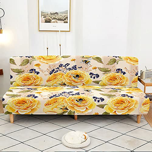 DOTBUY-SHOP Sofabezug Ohne Armlehnen, Pastoralen Blumen Druck Armlose Sofabettüberzug, Stretch Weich Antirutsch Sofa Schutz Schonbezug für Klappsofa Bett ohne Armlehnen (Gelbe Pfingstrose,160-190cm)