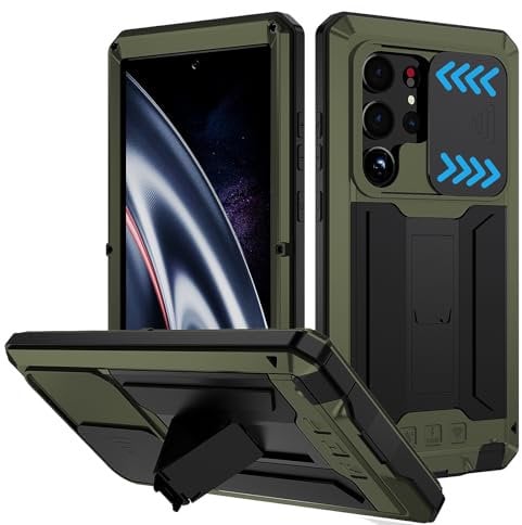Compatible For Samsung Galaxy S23 Ultra Metal Case,Heavy Duty Dust Proof Military Grade Rugged Case with Sliding Camera Cover and Built-in Foldable Kickstand with Full-Body Bumper Cover (Green)