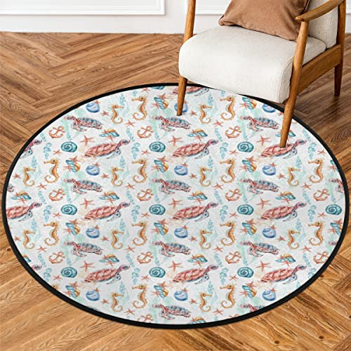TropicalLife Seepferd, Schildkr?te, Muschelbereich, runder Teppich f¨¹r Wohnzimmer, 92 cm, Seestern, Anker, Tiere, Teppiche, Schlafzimmer, rutschfest, waschbar, Teppich, Bodenmatten