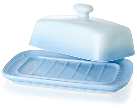 Large Porcelain Butter Dish with Lid, Candiicap Classic Color Changing Butter Keeper for Countertop, Large Butter Holder for Butter Storage & Home Kitchen Decor, Dishwasher Safe (Sky Blue)