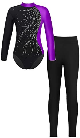 iEFiEL Mädchen Turnanzug Langarm Glitzer Gymnastik Kleidung Set Ballett Trikot Langarmbody mit Lange Hose Kinder Gymnastikanzug Z Violett + Schwarz 134-140