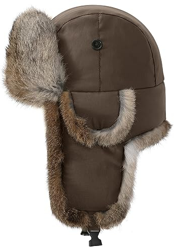 Harssidanzar Fliegermütze wasserdichte Winter Kaninchen Pelz Hüte Gefüttert Trappermütze Aviatormütze für Herren und Damen CU606EU, Braun,Größe M