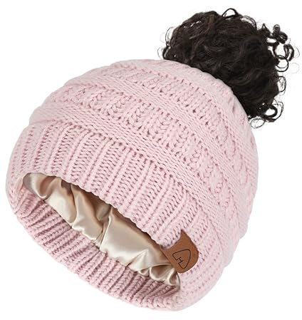 Hat Hut Damen Satin gefütterte Beanie-Mütze, mit Seide gefüttert, Wintermütze für lockiges Haar, Pferdeschwanz Ponytail Beanie, Strickmütze (DE/NL/SE/PL, Alphanumerisch, Einheitsgröße, Rosa)