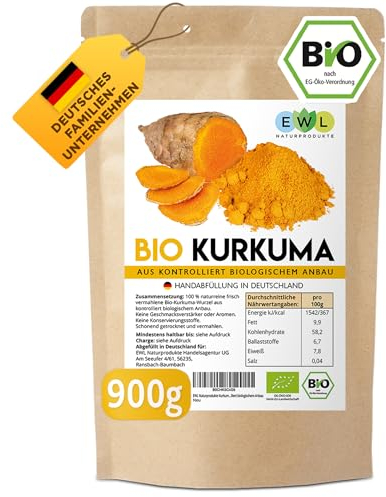 EWL Naturprodukte Kurkuma Pulver BIO, 900g Kurkuma Bio Pulver fein gemahlen, Curcuma Pulver aus kontrolliert biologischem Anbau