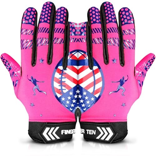 FINGER TEN American Football Receiver Handschuhe für Youth Jungen Mädchen, Torwarthandschuhe rutschfest Impact Palm Protection Outdoor Sport, Wasserdicht Gloves Fit Kinder Alter 5-14 (Rosa, S)