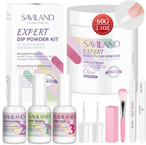 Saviland Dip Powder Nail Kit Starter: 60g/2.1oz Larger Capacity Clear Dip Powder With Dip Powder Liquid Set Dip Base Activator and Top Coat Dipping Powder Starter Kit For Franch Nails Manicure Salon