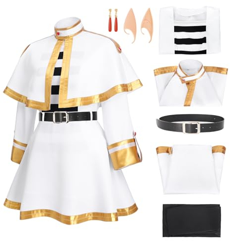 C-ZOFEK Frieren Costume Full Set White Cape Skirt Uniform with Pantyhose Belt Earrings and Elf Ears for Halloween Party