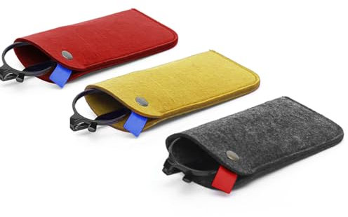 Pebipoo 3 Pcs Felt Eyeglass Case Soft Slip In Glasses Pouch Portable Glasses Pouch Case (Yellow Red Dark Grey)
