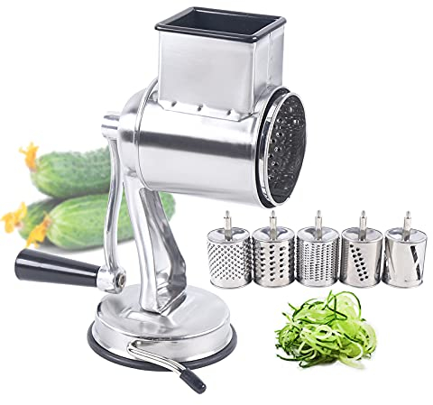 Grater Râpe à pommes de terre manuelle à manivelle en acier inoxydable 5 tambours pour salade, légumes, oignon, fromage, argent
