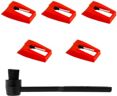 5pcs Record Player Needles with 1 Cleaning Brush, Turntable Stylus Replacement for Crosley Victrola ION Jenson Boytone York-Yorx LP Phonograph Vinyl Record Player Accessories (Red)