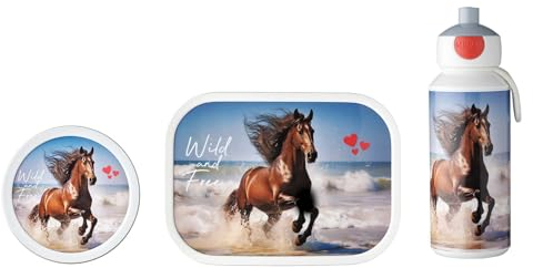 Mepal - Lunch-Set Campus - Lunchset für Kinder mit Pop-Up Trinkflasche, Lunch Box & Fruchtbox - Pausen-Set für die Schule oder Unterwegs - Spülmaschinenfest & BPA-frei - Wild Horse