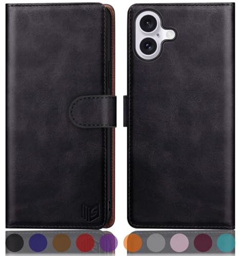 SUANPOT compatible with iPhone 16 Plus 6.7 case with [Credit Card Holder][RFID Blocking],PU Leather Flip Book Protective Cover Women Men for Apple 16 Plus Phone case Black