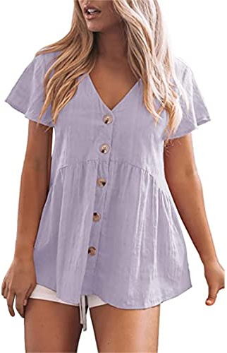 Cocila Blusenshirt Damen Sommer Damen Kurzarm V-Ausschnitt Baumwolle Lepra Top Plissee Einfarbig T-Shirt Gummi Brust Damen Bluse Sommer Leicht Weiß Atmungsaktive Shirts Damen