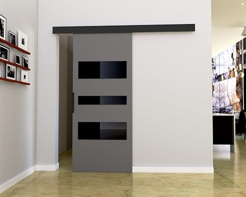 MINIO go for it - Schiebetüren 96 cm, Schiebetür Zimmertür PRIM C, Schiebetürsystem für Zimmer, Dekorative Elemente, Wandmontage, Türe Innen - Schwarz/Schwarzer Griff, Grau/Schwarz