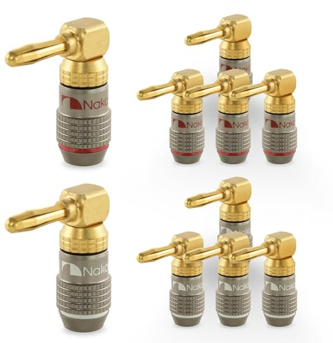 Nakamichi FanLock Excel Connettore a angolo retto banana placcato oro 24 carati, 10 AWG - 18 AWG spessore 4 mm, per amplificatori di altoparlanti, Home Theatre Connessione rapida, 10 pezzi (5 paia)
