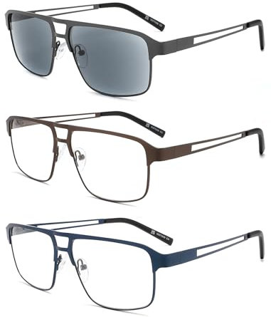 MODFANS Un Pack de 3 Gafas de Lectura Hombre Anti Luz Azul,Rectangular Metal Acero Inoxidable,Lente Clara,Vision Clara,Ligeras Comodas,Colores Mezclados