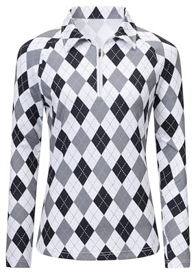 MoFiz Women's Long Sleeve Golf Polo Shirt Zip-Up Quick Dry Activewear Tennis Shirts Athletic Casual Tops with Collar, A-Black Grey Plaid, M