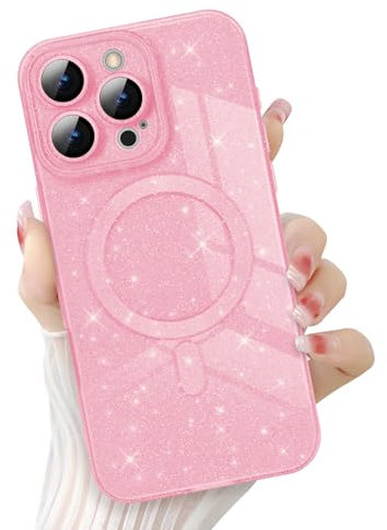 Newseego Magnetic Sparkly Bling Phone Case for iPhone 16 Pro Max [Compatible with Magsafe], Shiny Soft TPU Camera Shockproof Dustproof Protector Glitter Cover Girls Women for iPhone 16 Pro Max-Pink