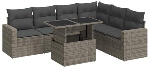 vidaXL 7-TLG. Garten-Sofagarnitur mit Kissen Grau Poly Rattan, Outdoor Sofa Set, Outdoor Sofagarnitur, Garten-Lounge-Set, Garten Sofagarnitur