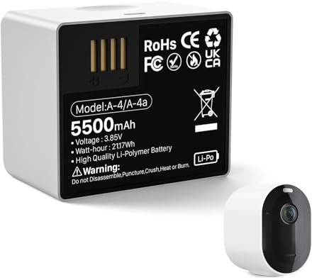 WAEUUKKPO Akku für Arlo Pro 4,Pro 3, 5500mAh A-4A Ersatz-Akku Wiederaufladbare Lithium-Batterien für Ultra,Ultra 2, VMA5400 VMC5040 VMS5240 VMC4040P VMC4041P Kameras (1 Stück)