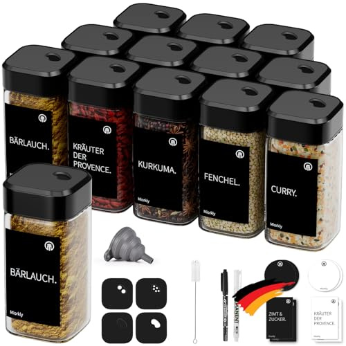 Miorkly Gewürzgläser Eckig mit Drehdeckel - 12 x 120ml - Luftdicht-Schwarz | Drehdeckel - Luftdichte Gewürzgläser Eckig - Trichter, Etikett und Stift - Gewürzstreuer Glas - Spice Jars - Gewürzbehälter