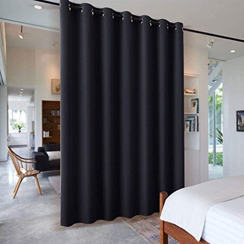 PONY DANCE Eyelet Extra Wide Room Divider Curtain - Blackout Thermal Insulated Privacy Curtain for Bedroom 180 x 96 Inch Light Blocking Energy Saving Drape for Hotel Living Room, 1 Panel, Black