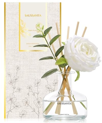 Raumduft Reed Diffuser Weiße Blüten 210ml,120 Tage langanhaltend | Transparente Flasche mit rundem Korpus,7 Duftstäbchen,Lufterfrischer für Badezimmer,Wohnzimmer und Schlafzimmer Dekoration