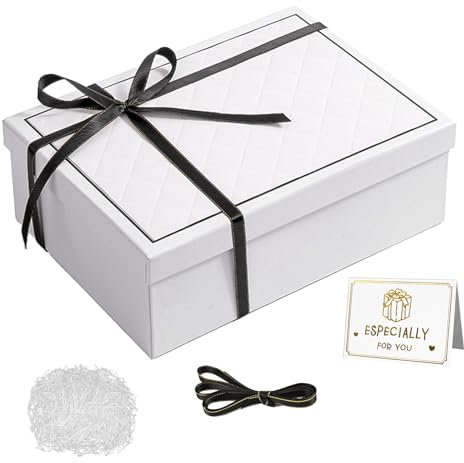 Gift Box – Elegant White Gift Box with Lid, Large Gift Boxes with Ribbon & Greeting Card, 25×18×8.8cm Foldable Boxes for Presents, Stylish Gift Packaging for Birthdays, Weddings, Christmas