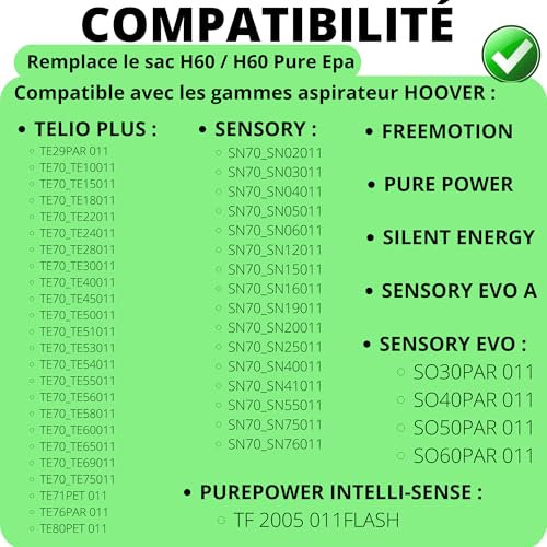 Sac aspirateur pour Hoover Telio Plus, Sensory sacs poussière remplacement H60 / H60 Pure Epa [Lot 10] Phonillico®